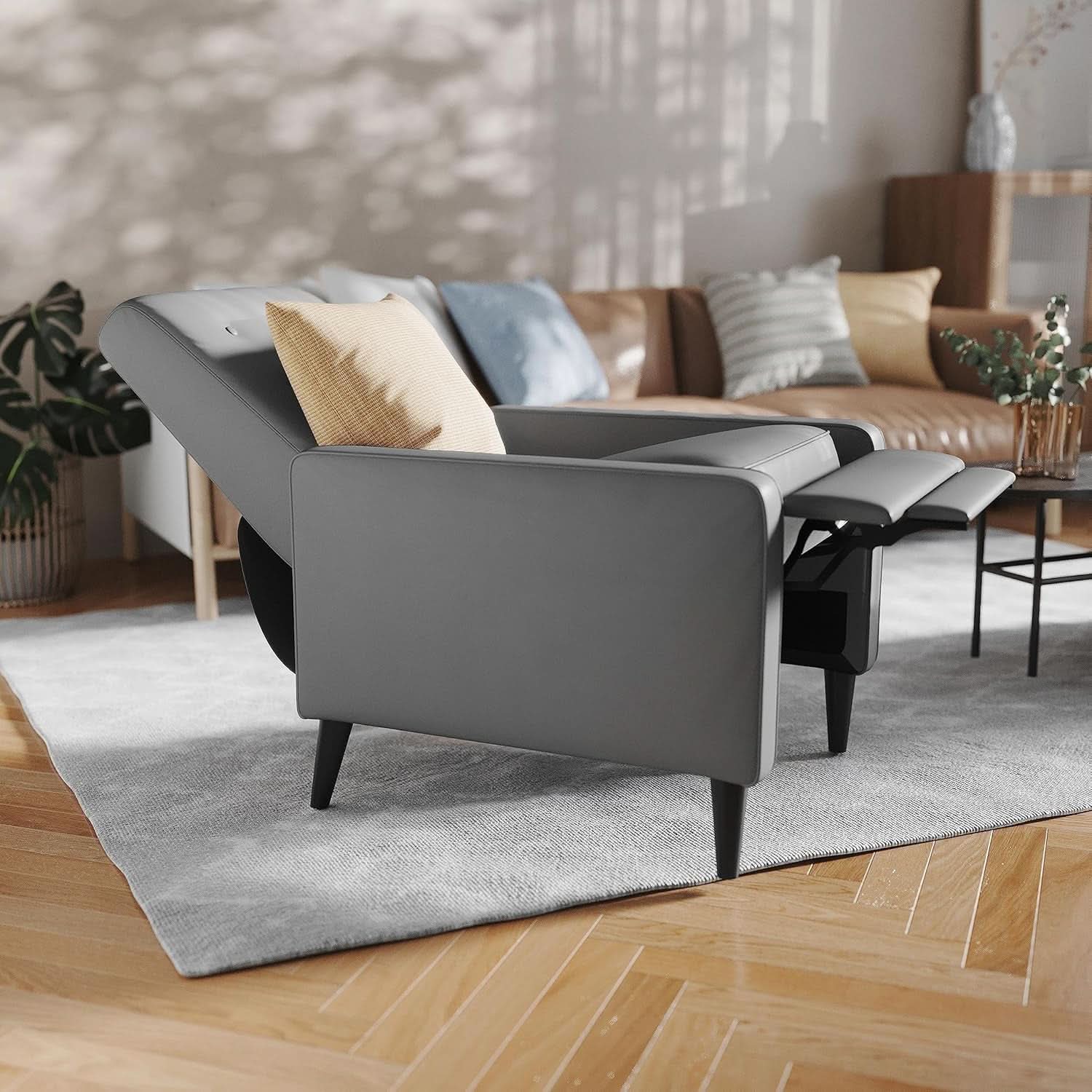 Ezra Pushback Recliner Light Gray LeatherSoft Mid Century Modern
