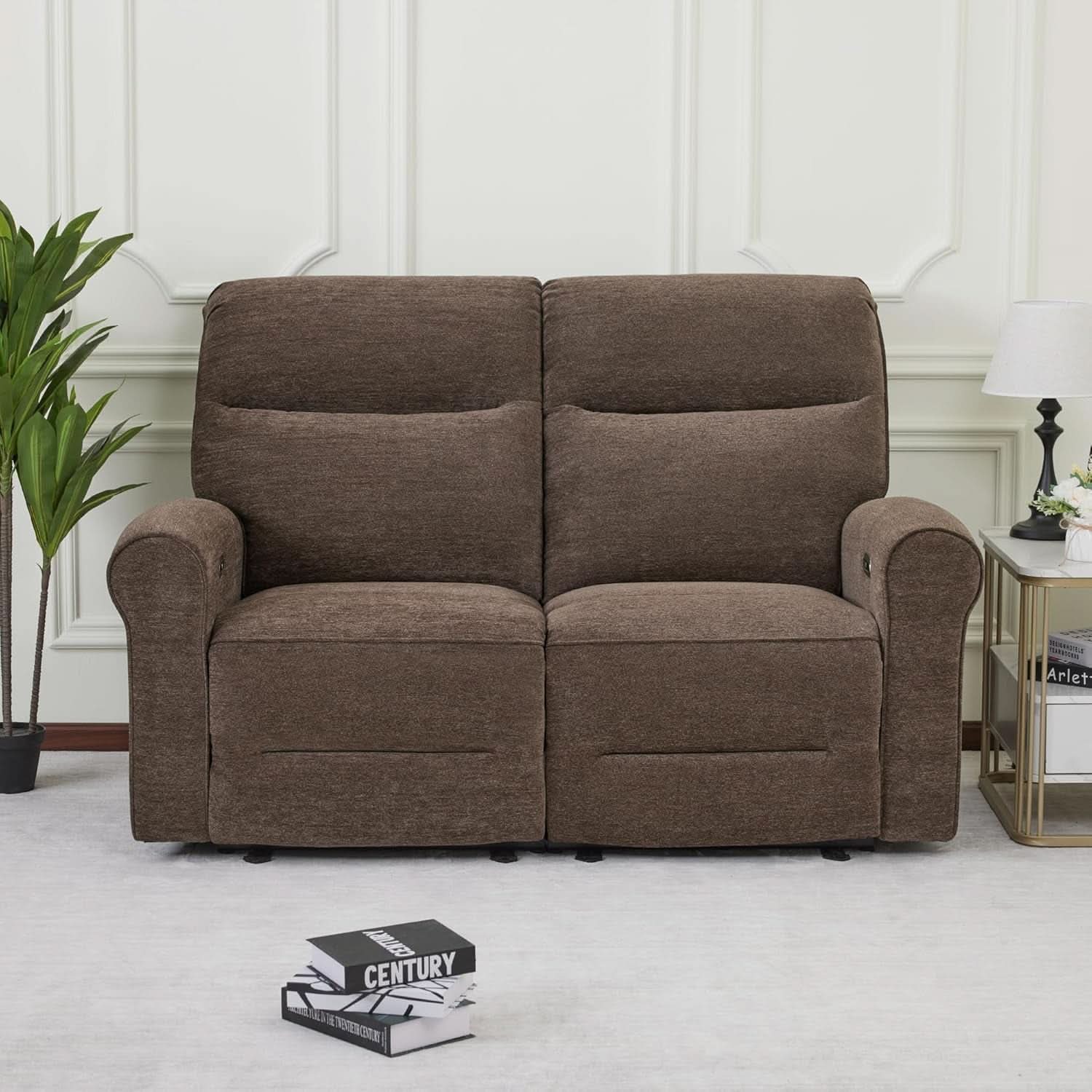 Fabric 64.6 Inch Dark Brown Wall Hugger Power Recliner Loveseat
