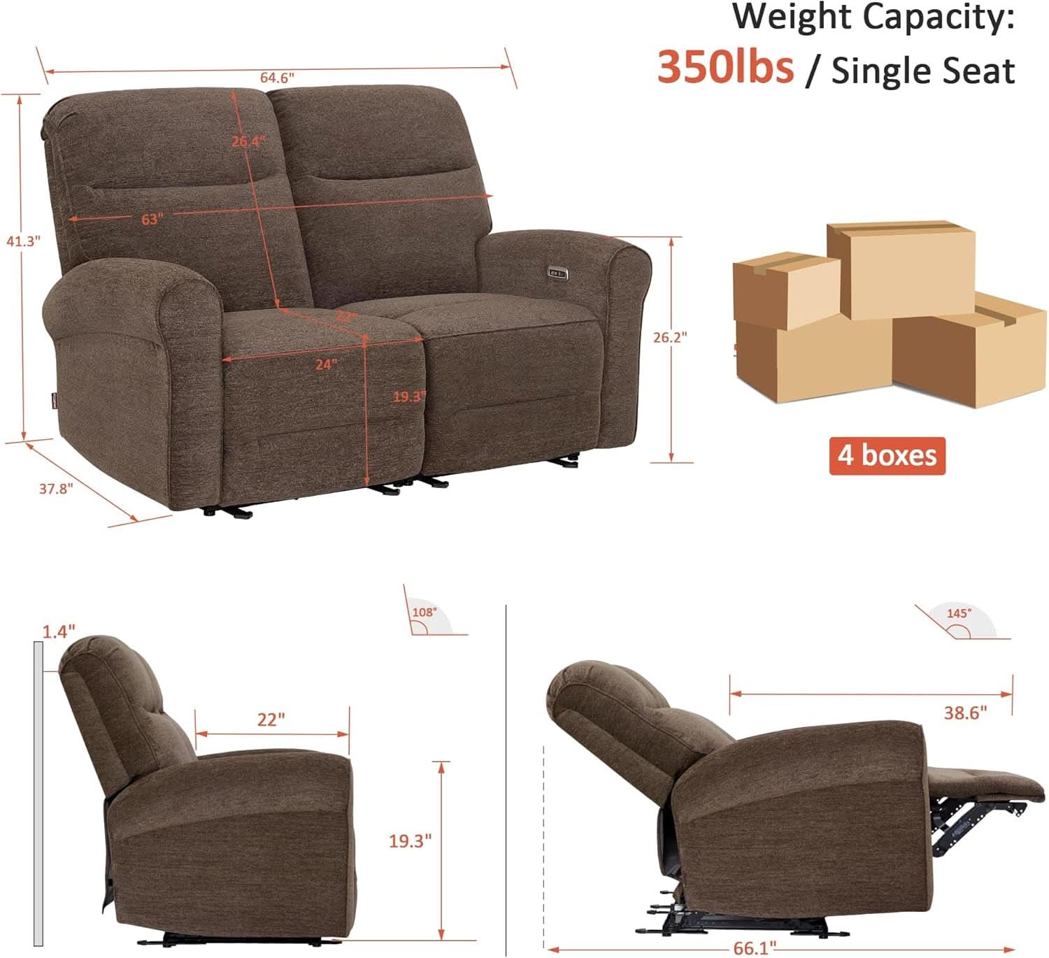 Fabric 64.6 Inch Dark Brown Wall Hugger Power Recliner Loveseat