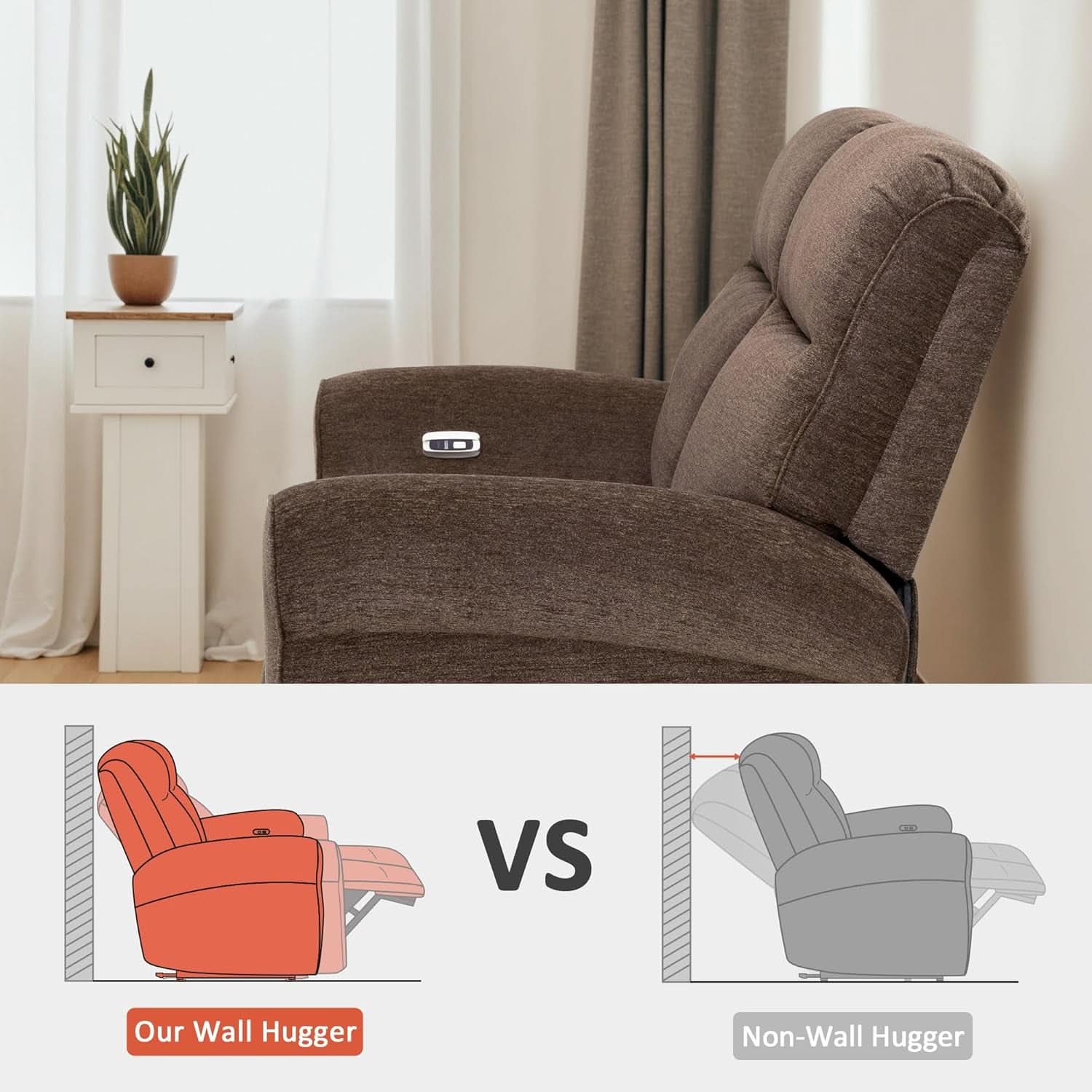 Fabric 64.6 Inch Dark Brown Wall Hugger Power Recliner Loveseat
