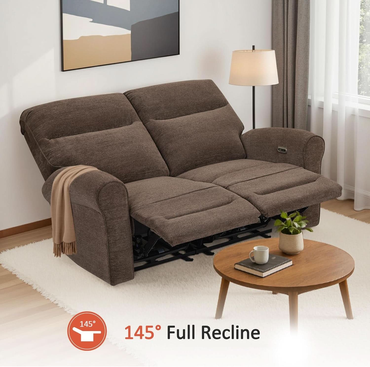 Fabric 64.6 Inch Dark Brown Wall Hugger Power Recliner Loveseat