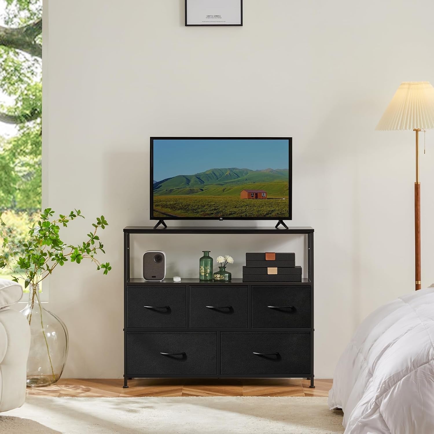 Fabric Drawer Dresser TV Stand For 45 Inch TV Black