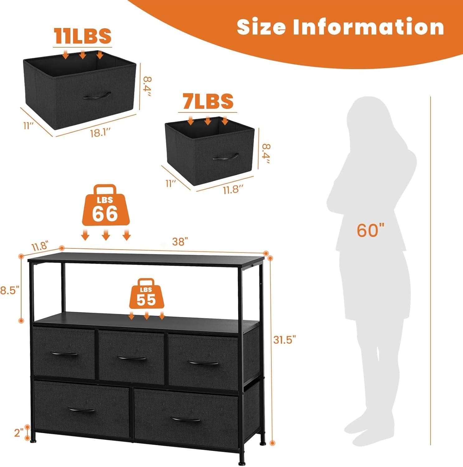 Fabric Drawer Dresser TV Stand For 45 Inch TV Black