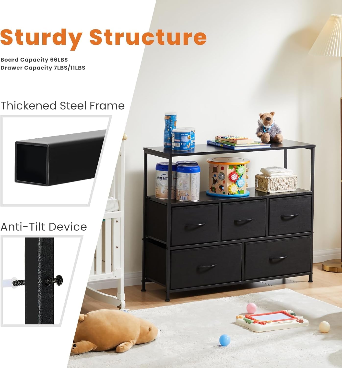 Fabric Drawer Dresser TV Stand For 45 Inch TV Black