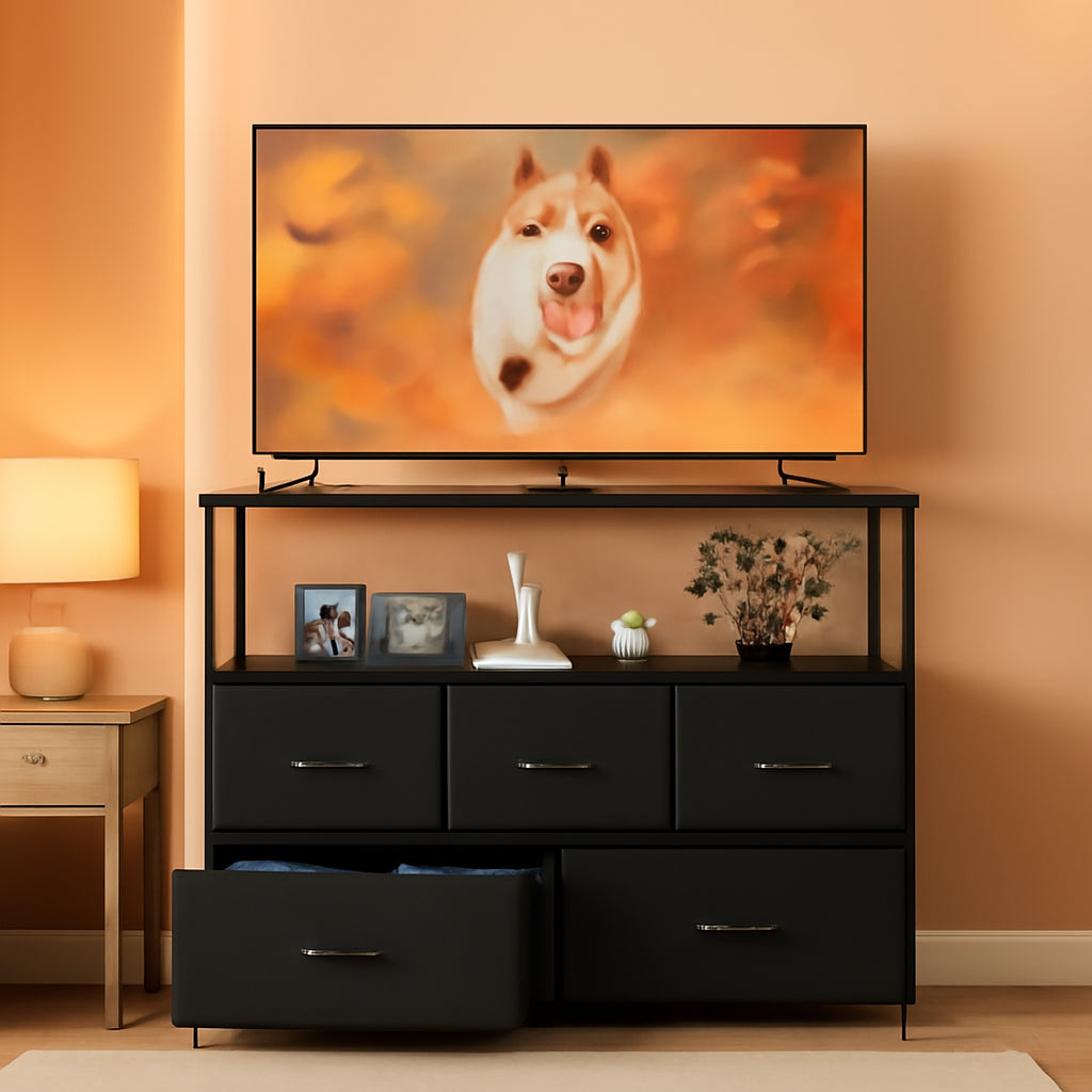 Fabric Drawer Dresser TV Stand For 45 Inch TV Black