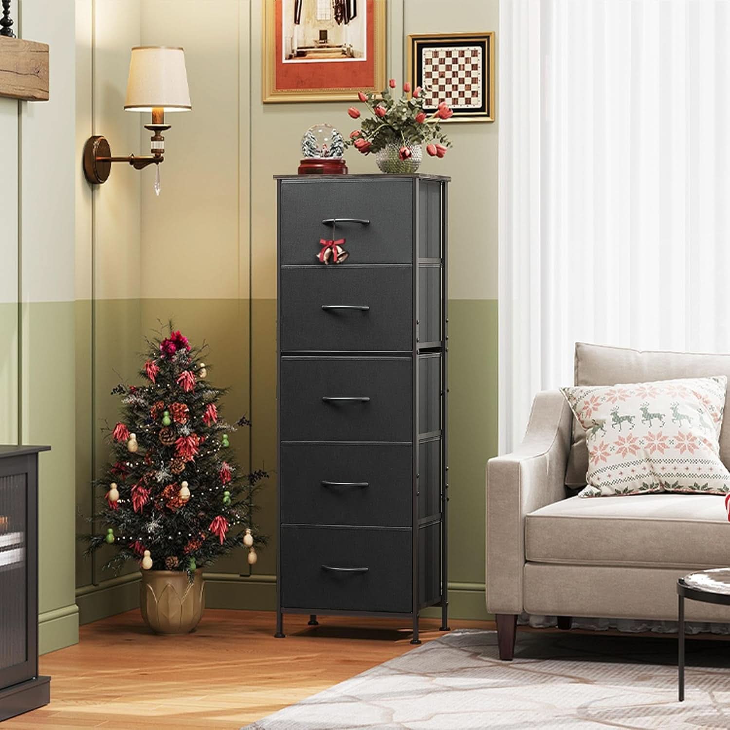 Fabric Dresser 5 Drawer Tall Storage Charcoal Black