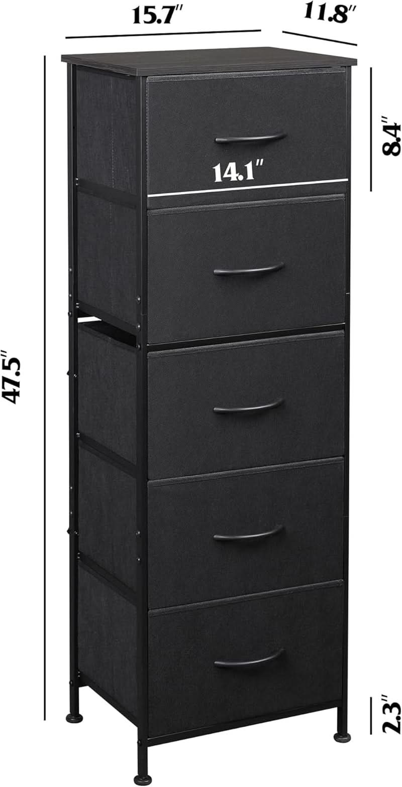 Fabric Dresser 5 Drawer Tall Storage Charcoal Black