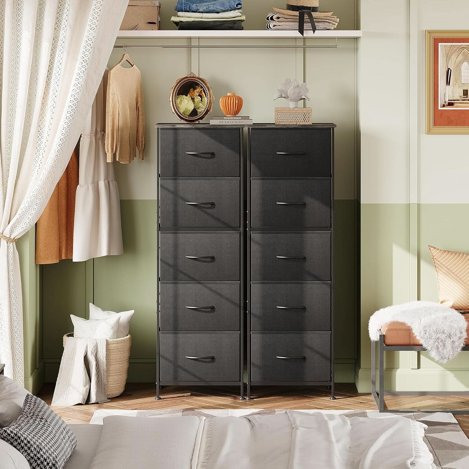 Fabric Dresser 5 Drawer Tall Storage Charcoal Black