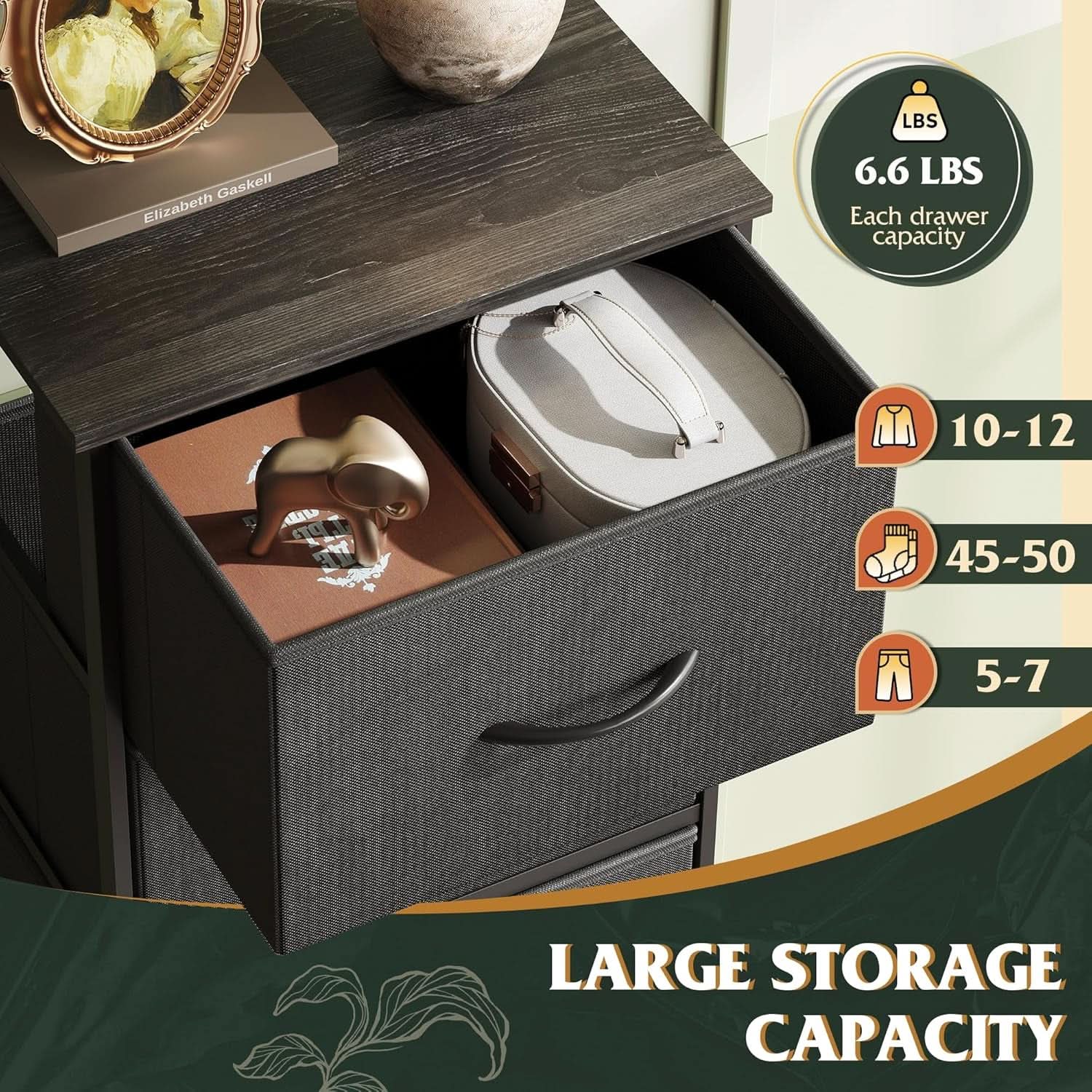Fabric Dresser 5 Drawer Tall Storage Charcoal Black