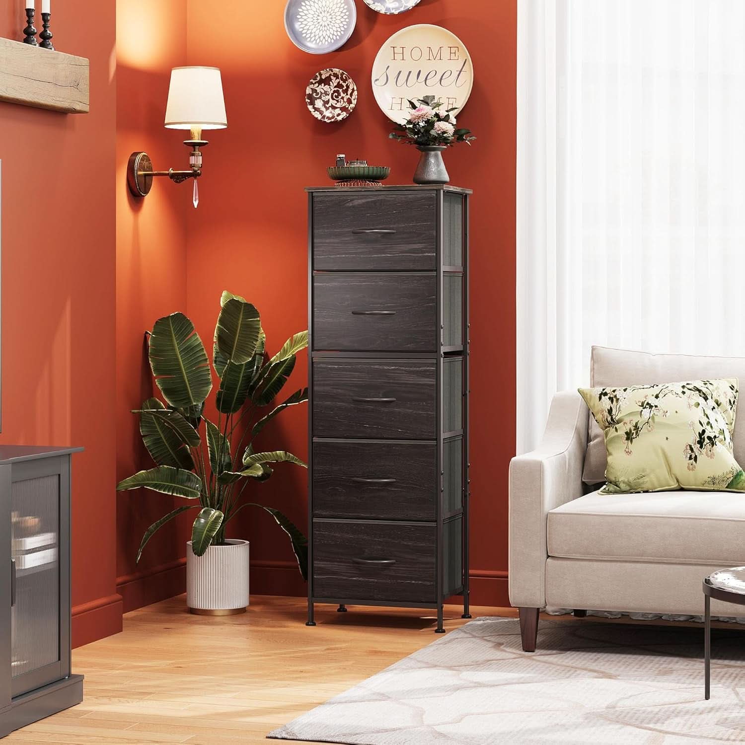 Fabric Dresser 5 Drawer Tall With Wood Top Storage Unit