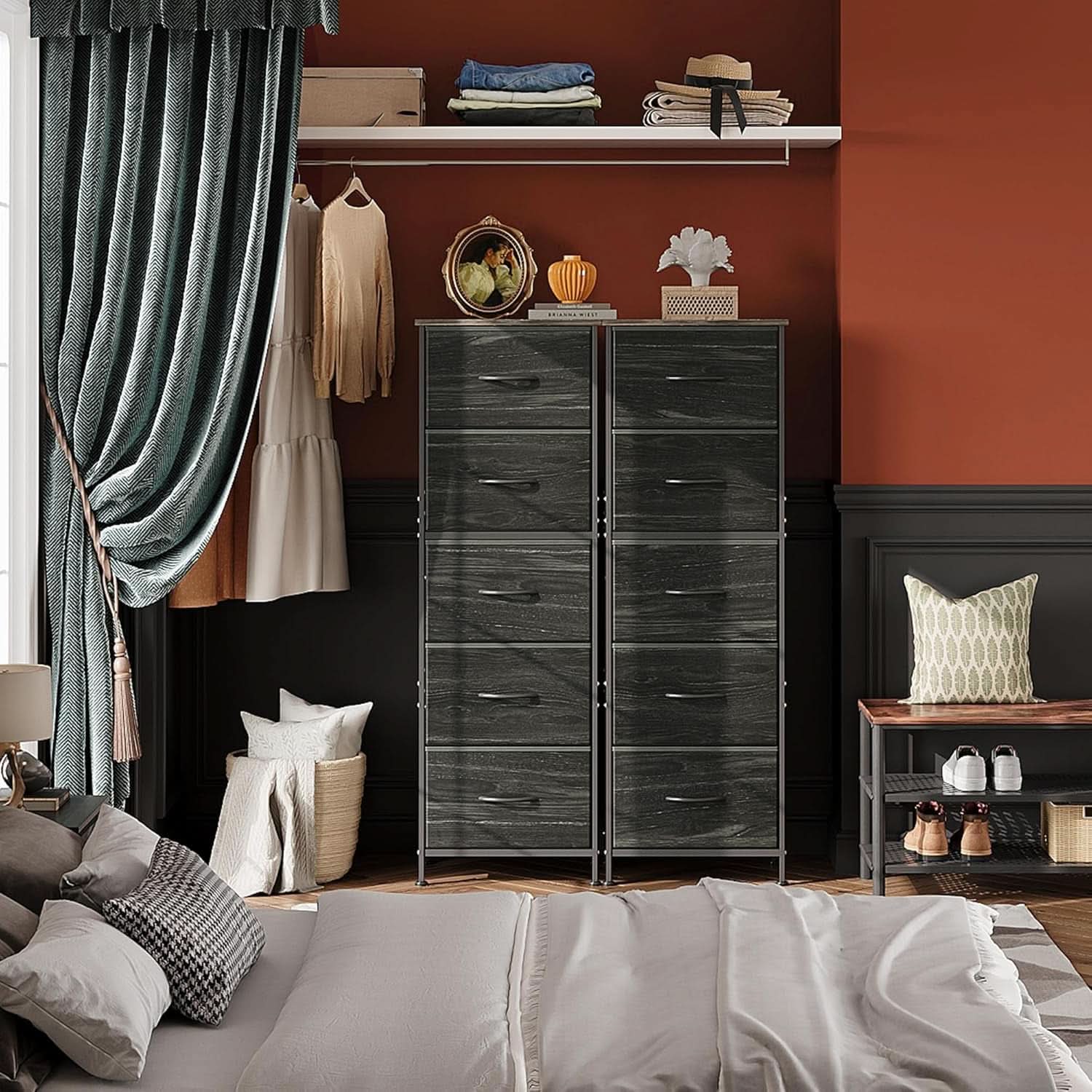Fabric Dresser 5 Drawer Tall With Wood Top Storage Unit
