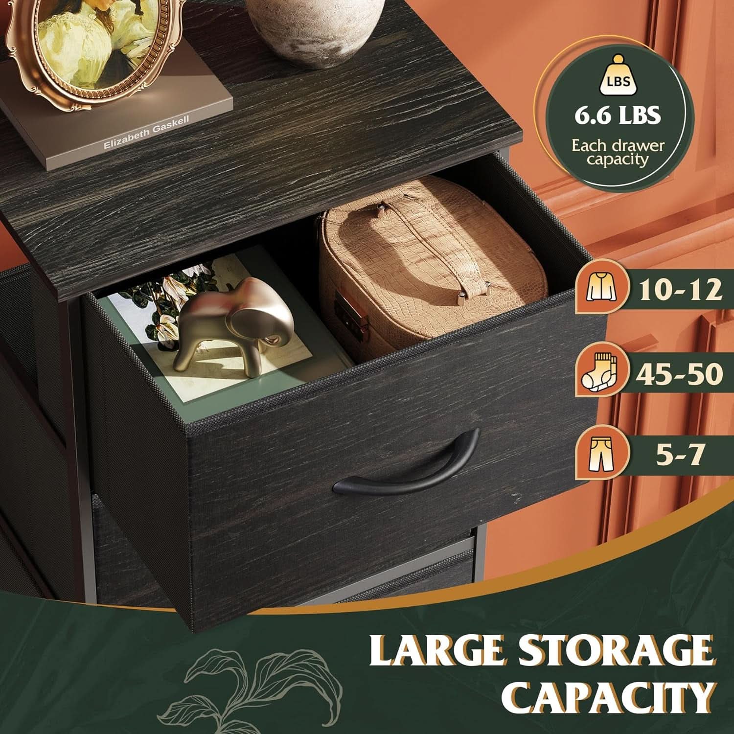 Fabric Dresser 5 Drawer Tall With Wood Top Storage Unit