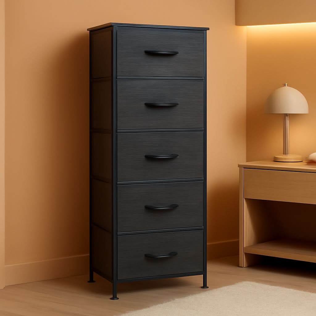 Fabric Dresser 5 Drawer Tall With Wood Top Storage Unit
