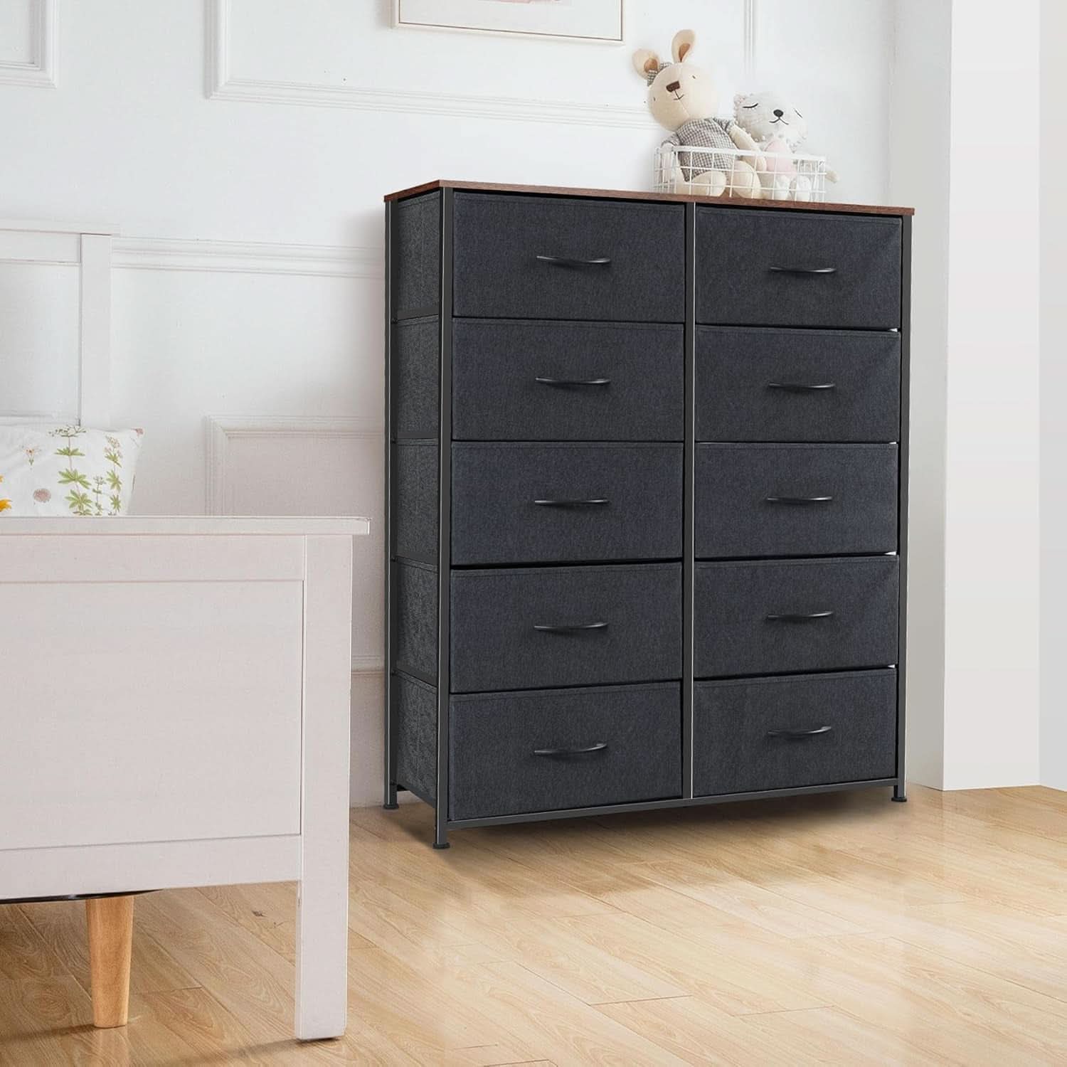 Fabric Dresser With 10 Drawers In Black And Brown Two Tone