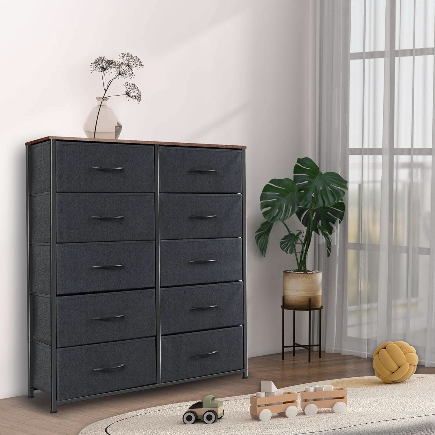 Fabric Dresser With 10 Drawers In Black And Brown Two Tone
