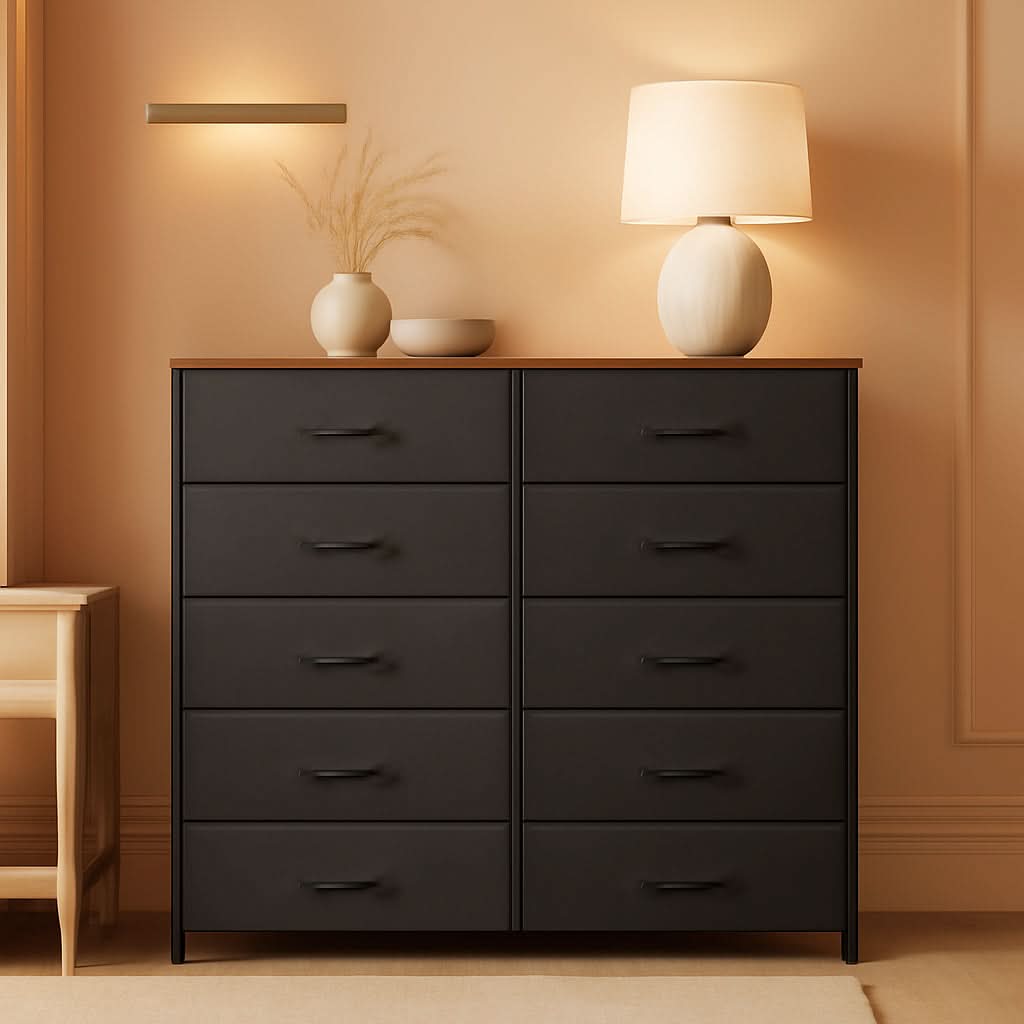 Fabric Dresser With 10 Drawers In Black And Brown Two Tone