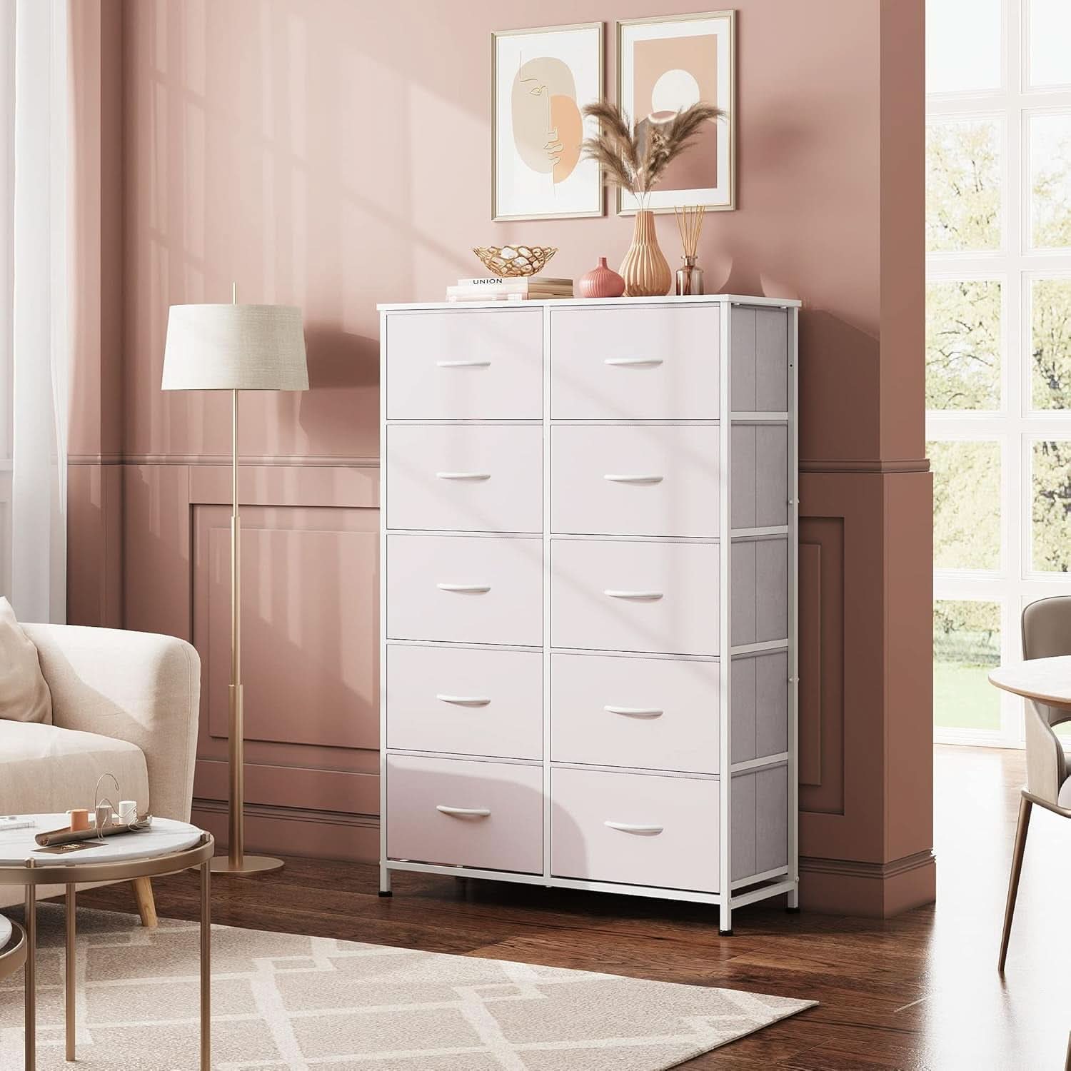 Fabric Dresser With 10 Drawers In White For Bedroom Storage