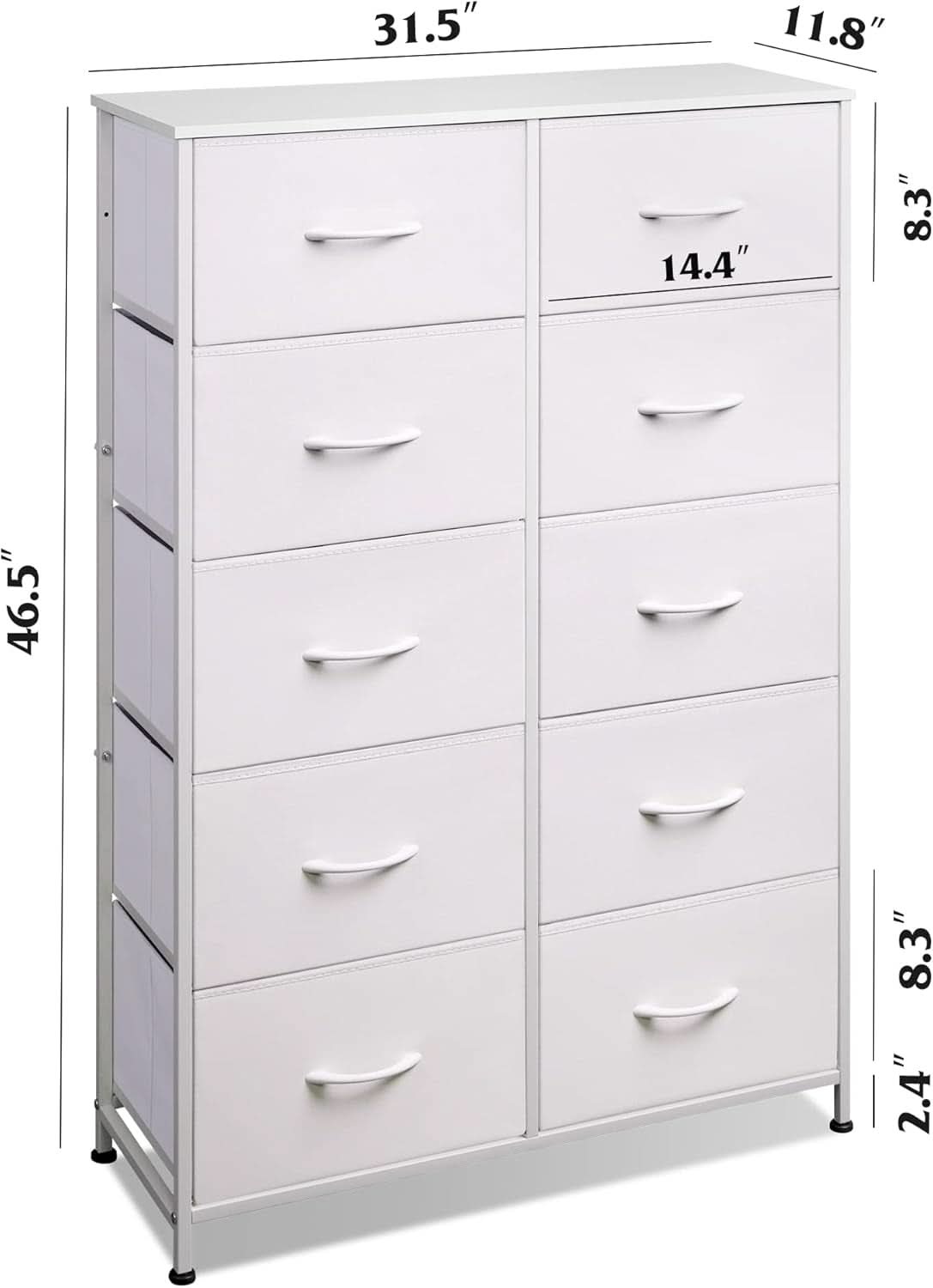 Fabric Dresser With 10 Drawers In White For Bedroom Storage