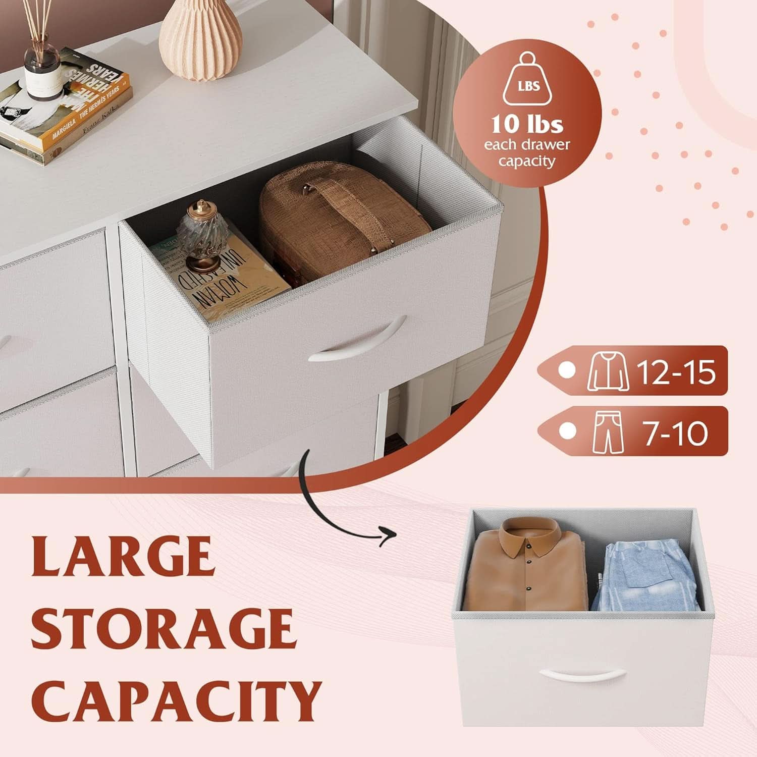 Fabric Dresser With 10 Drawers In White For Bedroom Storage