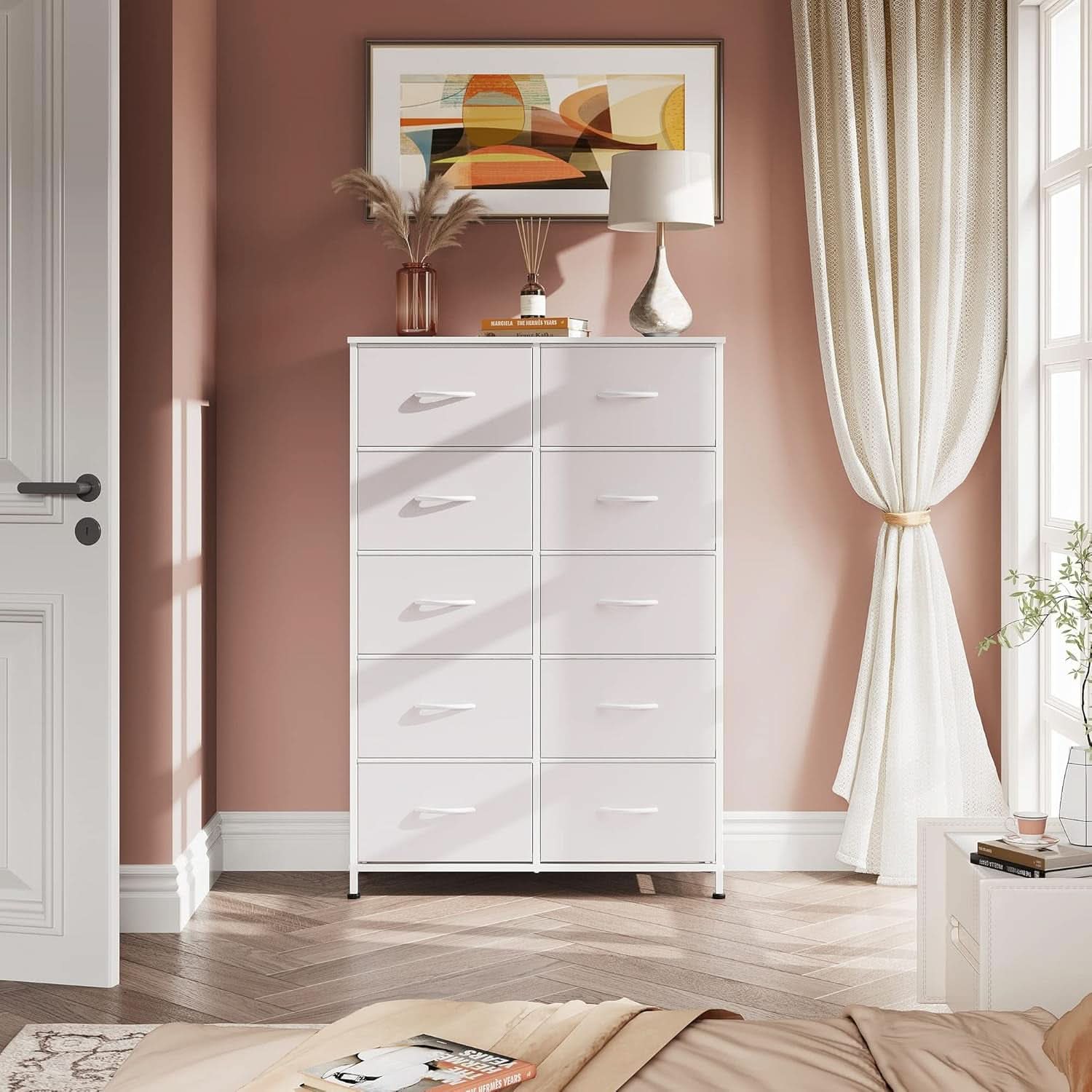 Fabric Dresser With 10 Drawers In White For Bedroom Storage