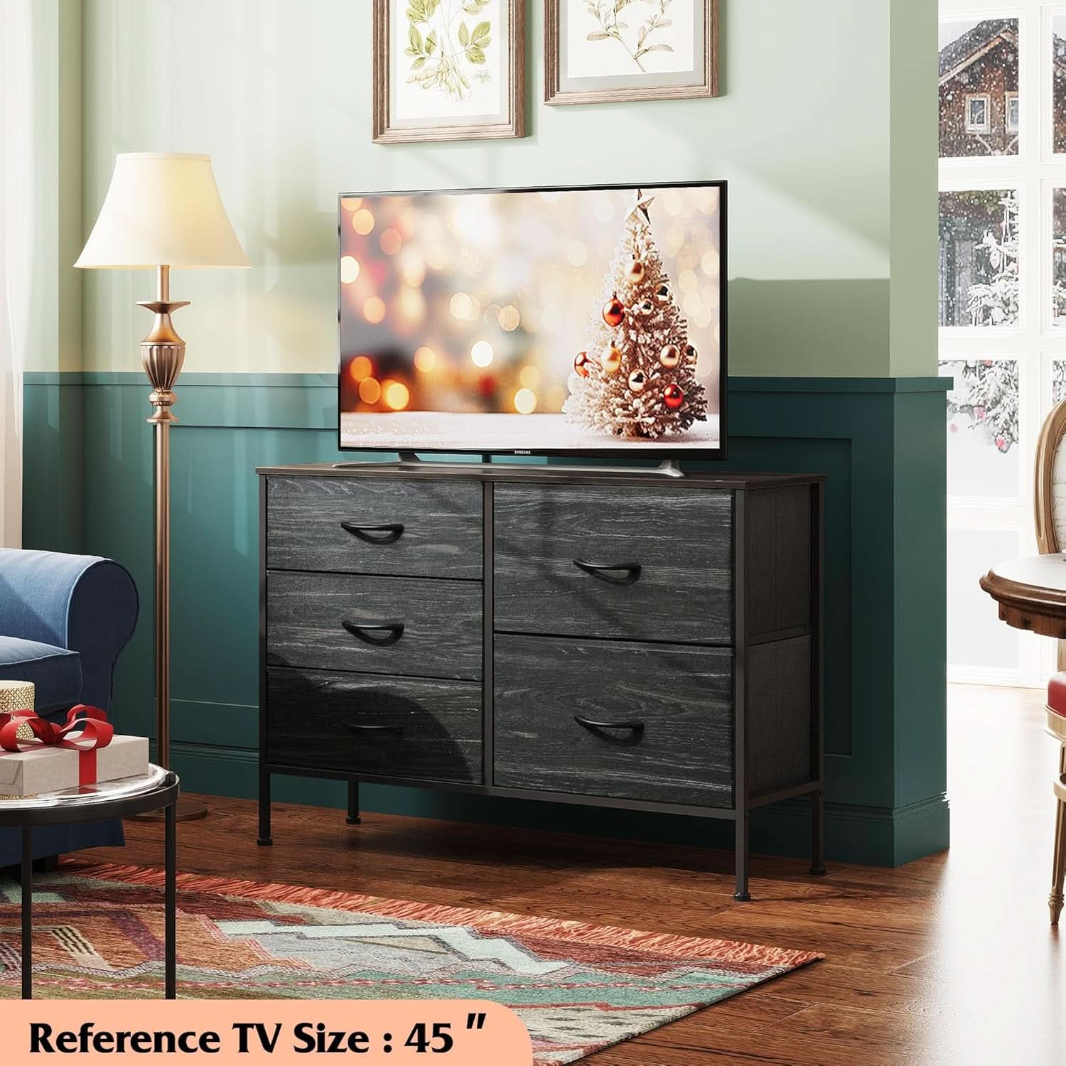 Fabric Dresser With 5 Drawers Charcoal Black Wood Grain