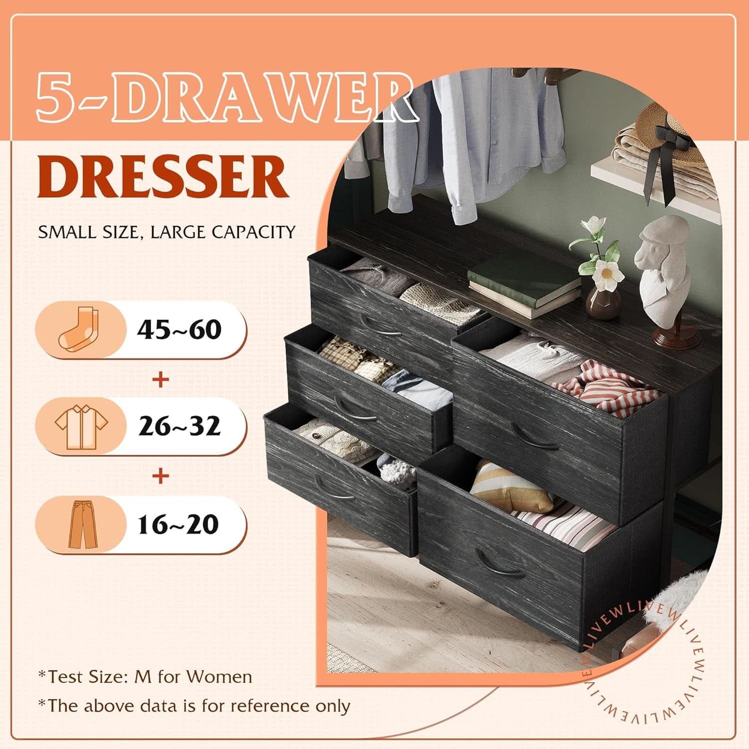 Fabric Dresser With 5 Drawers Charcoal Black Wood Grain