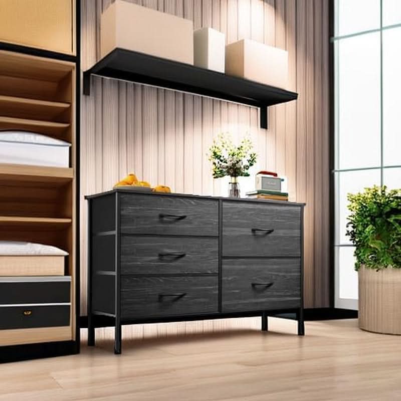 Fabric Dresser With 5 Drawers Charcoal Black Wood Grain