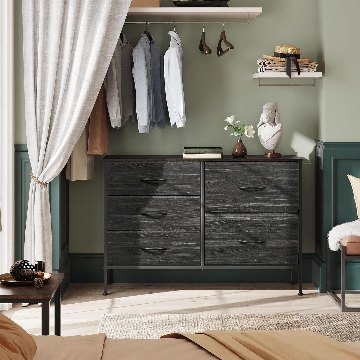 Fabric Dresser With 5 Drawers Charcoal Black Wood Grain