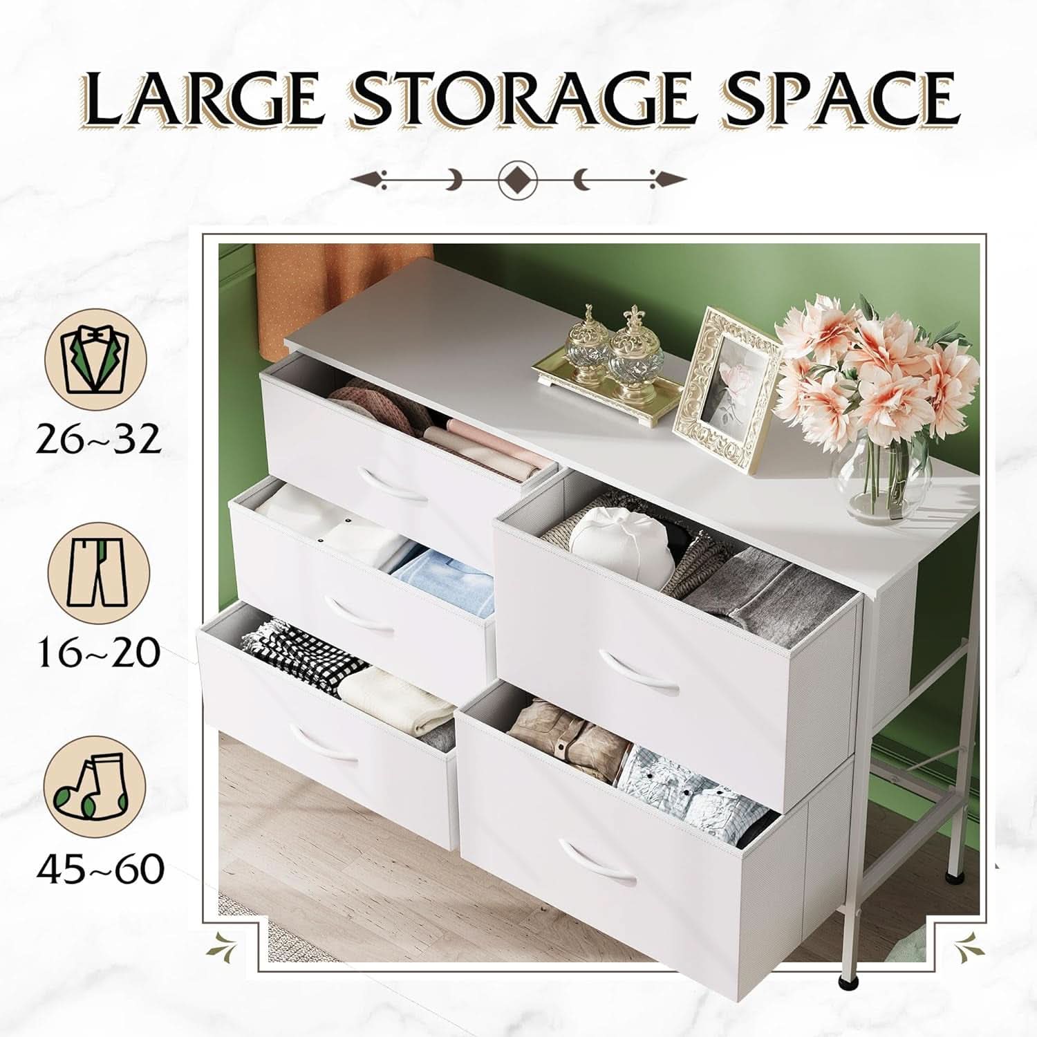 Fabric Dresser With 5 Drawers White For Bedroom Storage Organizer
