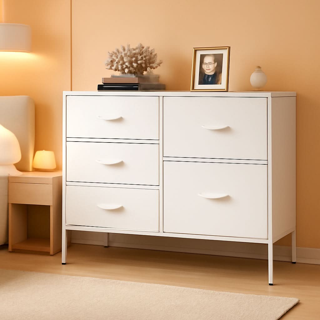 Fabric Dresser With 5 Drawers White For Bedroom Storage Organizer