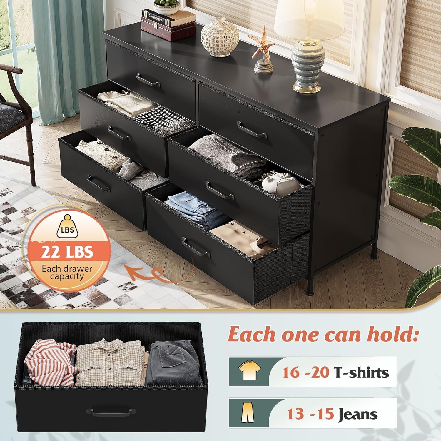 Fabric Dresser With 6 Drawers And 60 Inch TV Stand