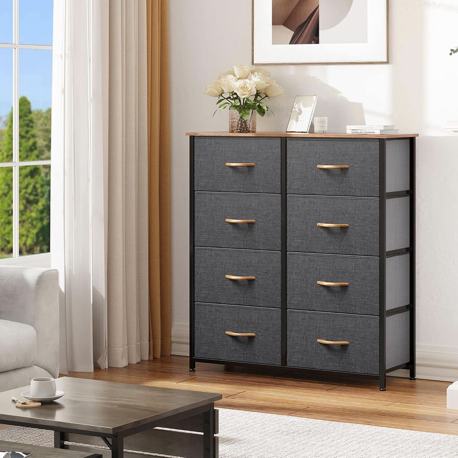 Fabric Dresser With 8 Drawers And Wooden Top For Bedroom