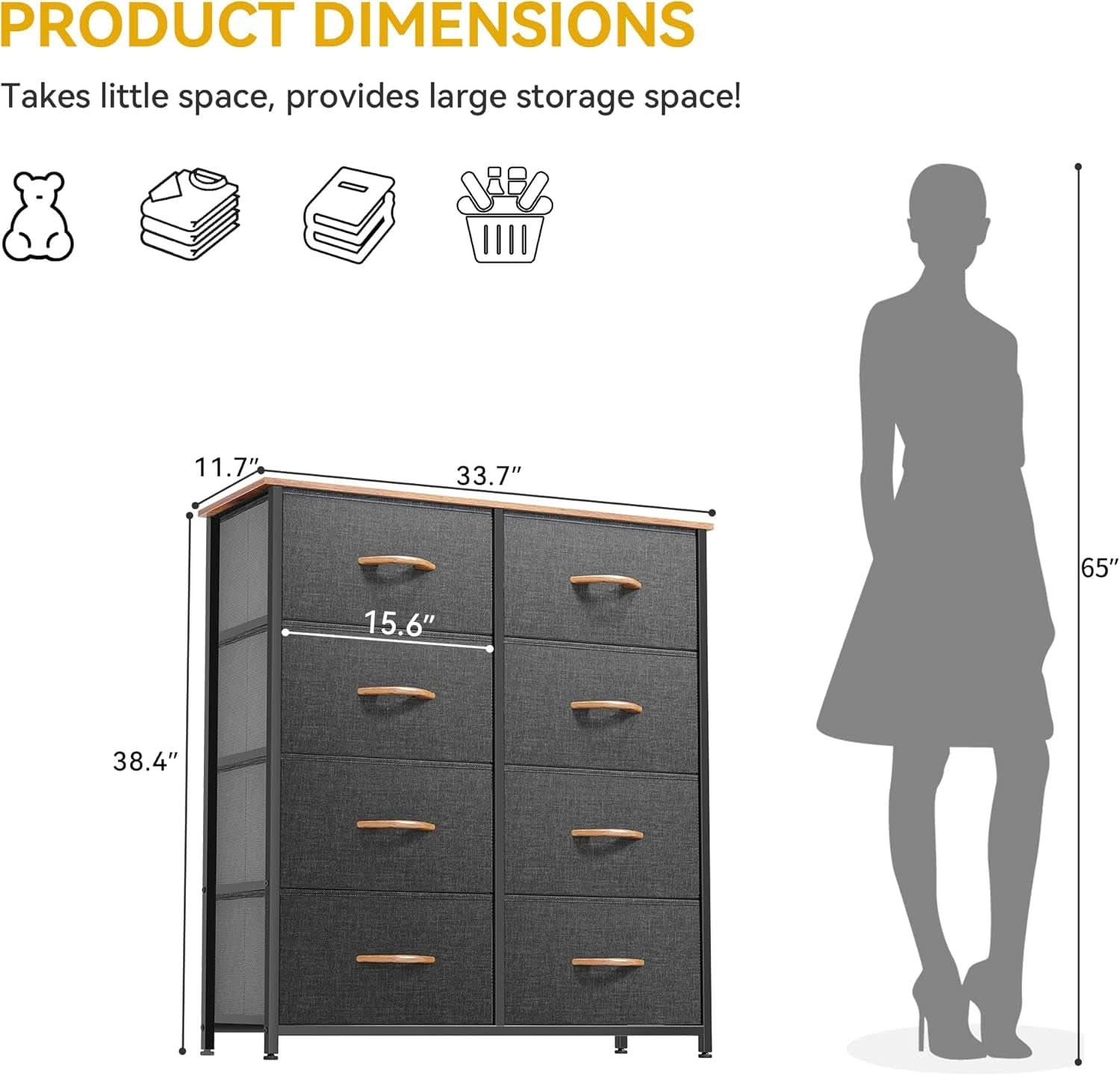 Fabric Dresser With 8 Drawers And Wooden Top For Bedroom