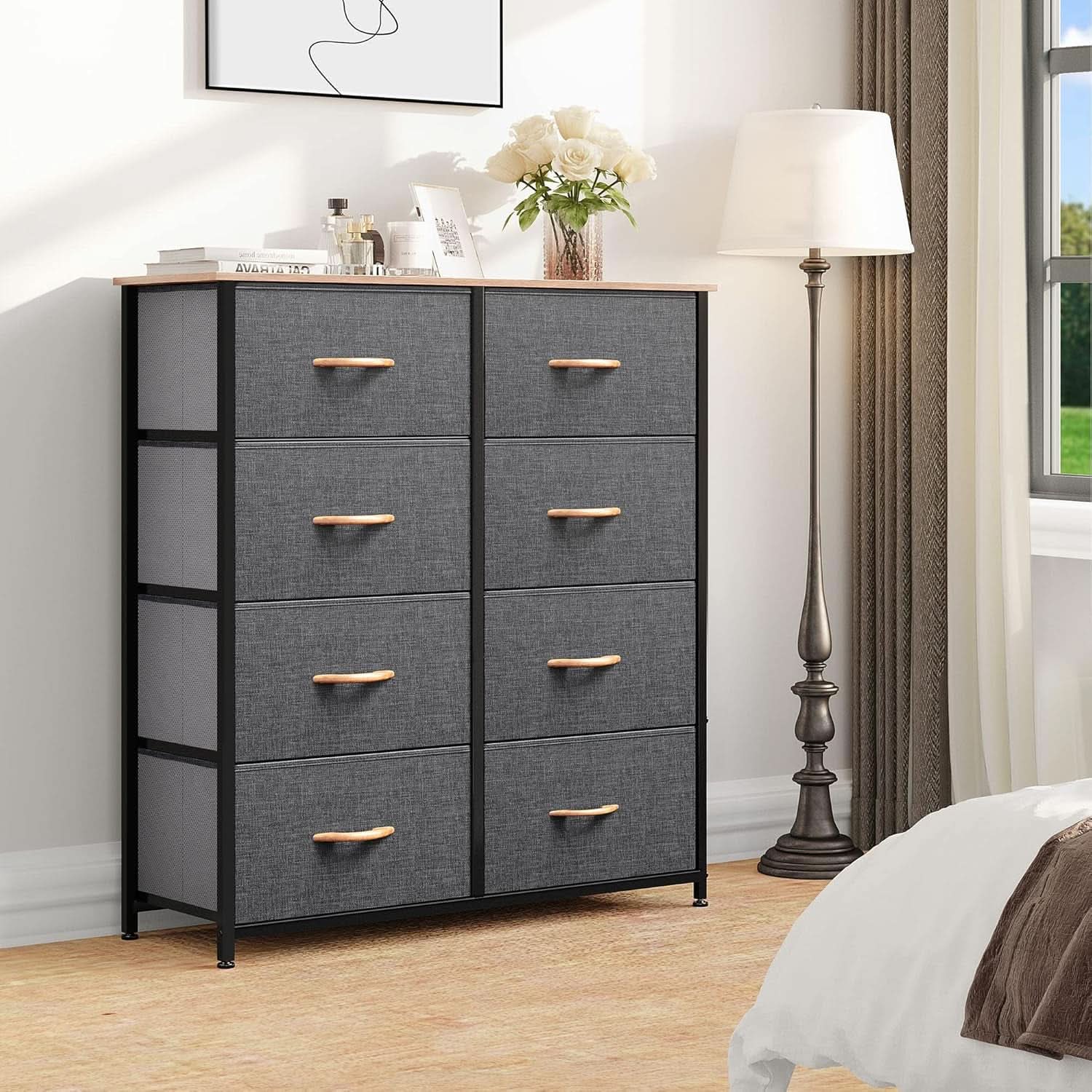 Fabric Dresser With 8 Drawers And Wooden Top For Bedroom