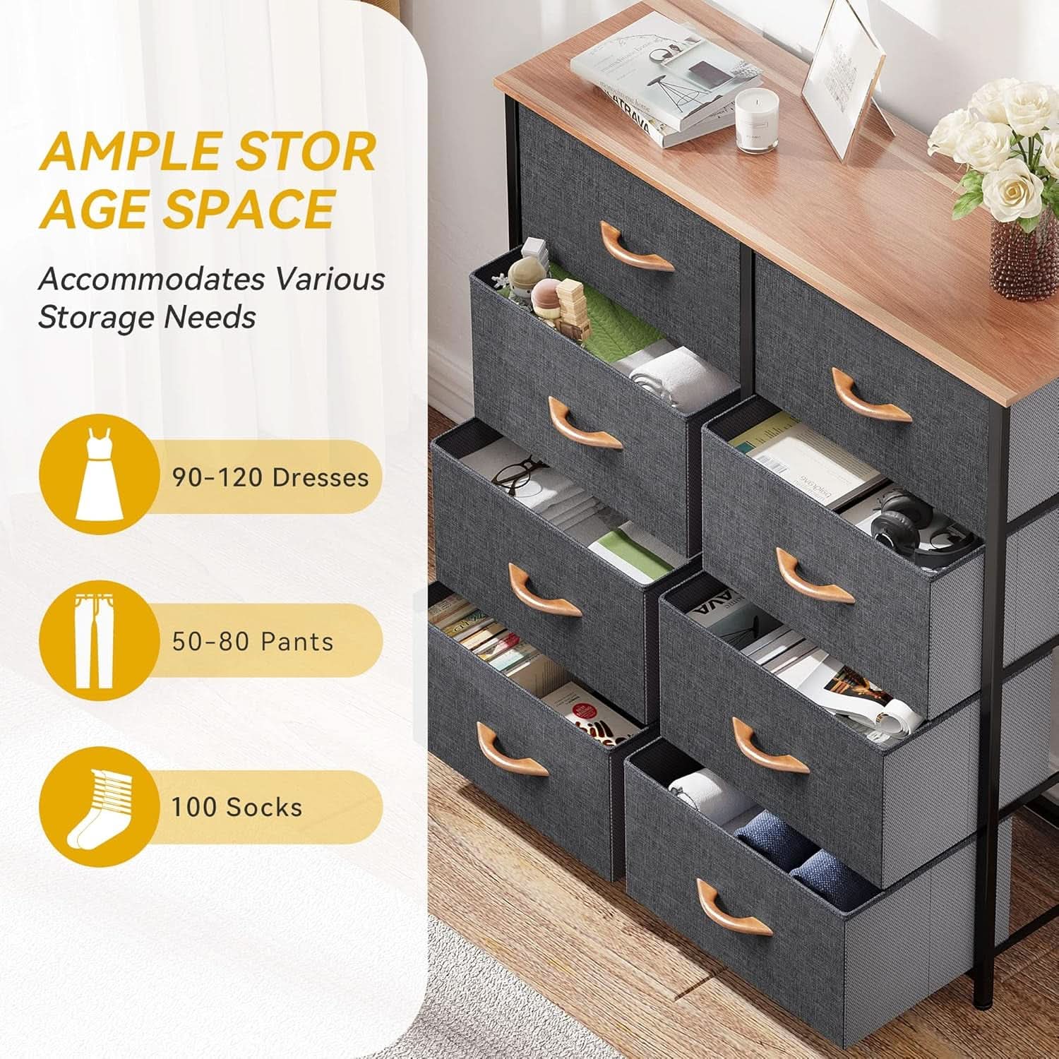 Fabric Dresser With 8 Drawers And Wooden Top For Bedroom