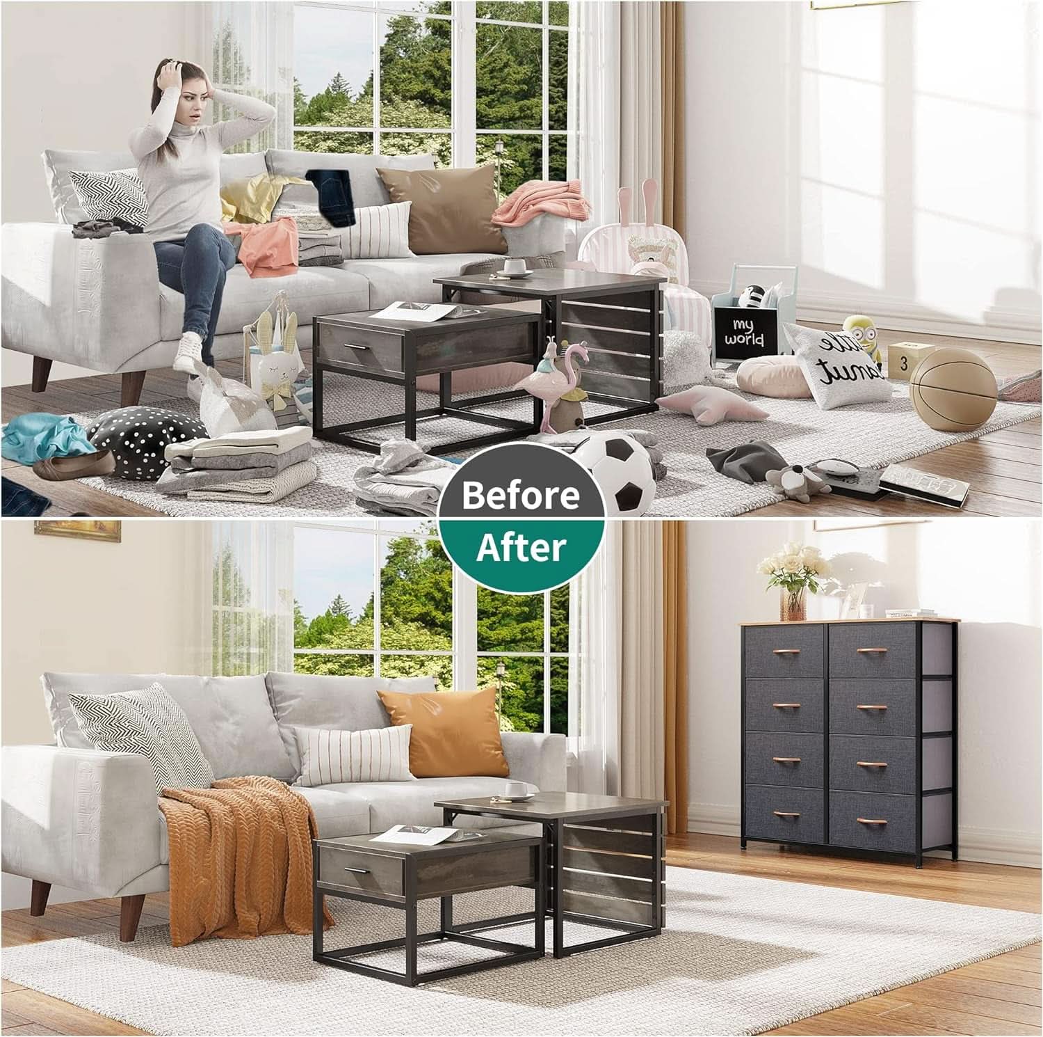 Fabric Dresser With 8 Drawers And Wooden Top For Bedroom