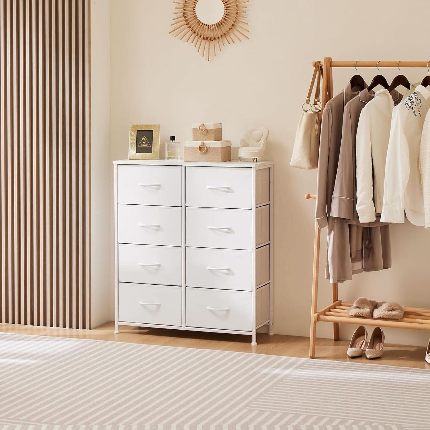 Fabric Dresser With Eight Compartment Bins WoodenTop