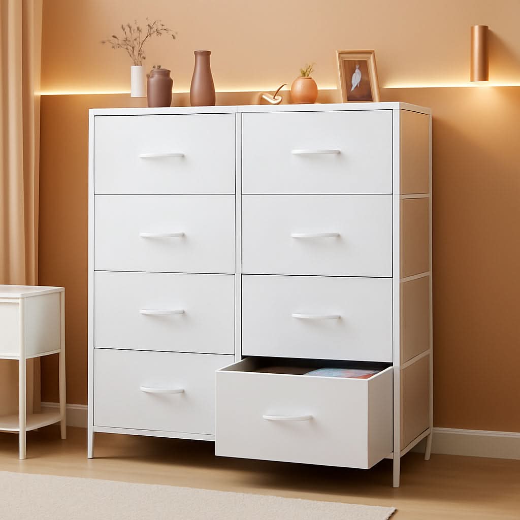 Fabric Dresser With Eight Compartment Bins WoodenTop