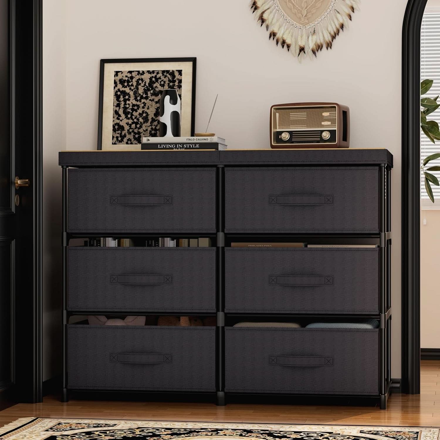 Fabric Dresser With Six Drawers Metal Frame And Wooden Top