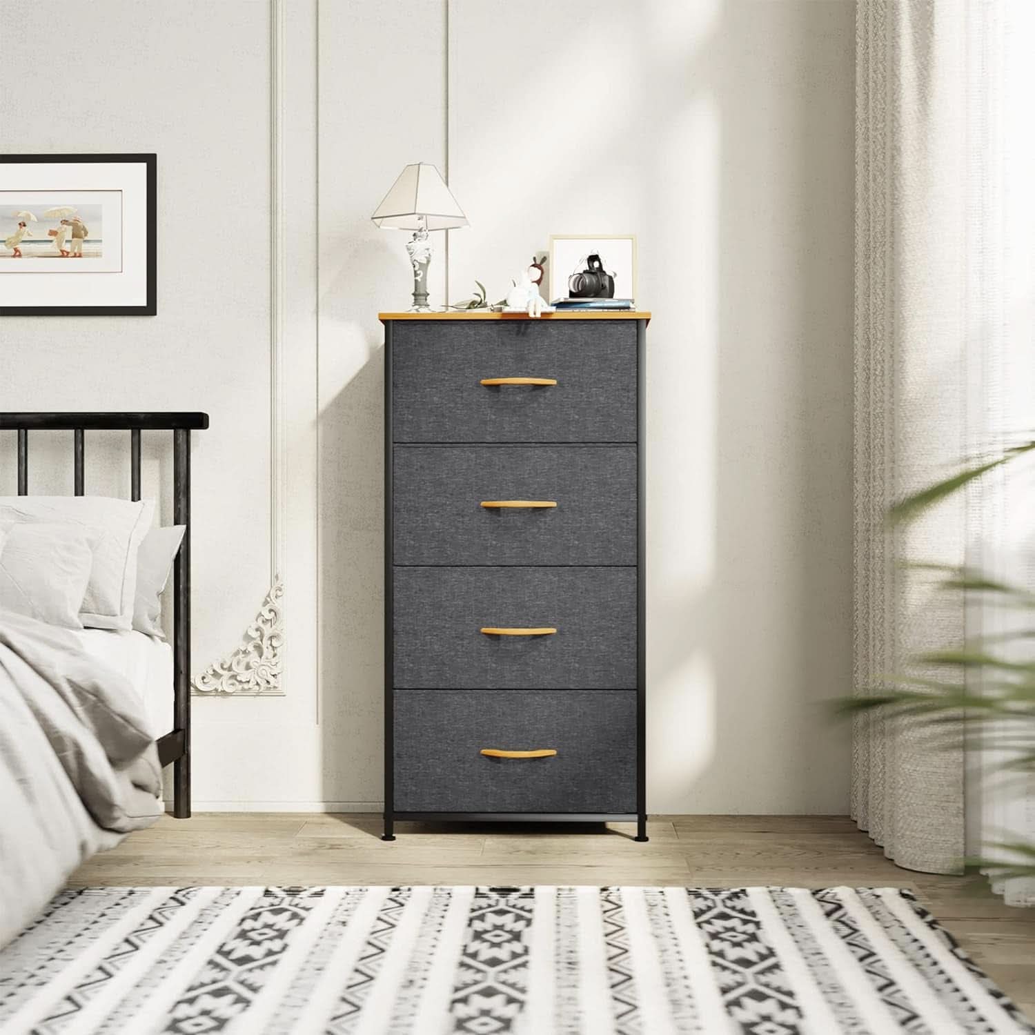 Fabric Dresser With Wooden Top And Steel Frame Storage