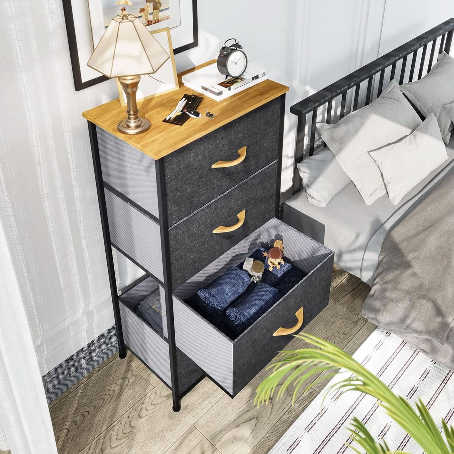 Fabric Dresser With Wooden Top And Steel Frame Storage