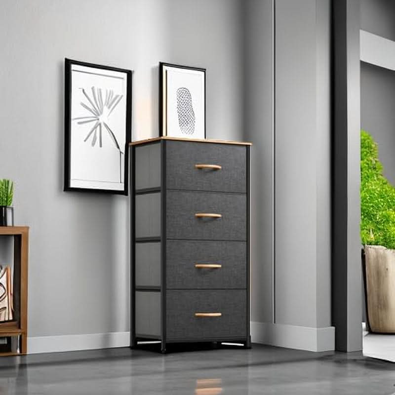 Fabric Dresser With Wooden Top And Steel Frame Storage