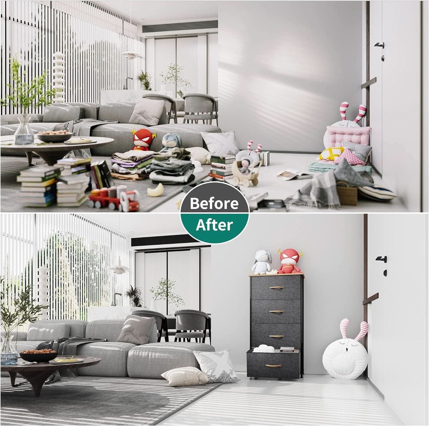 Fabric Dresser With Wooden Top And Steel Frame Storage