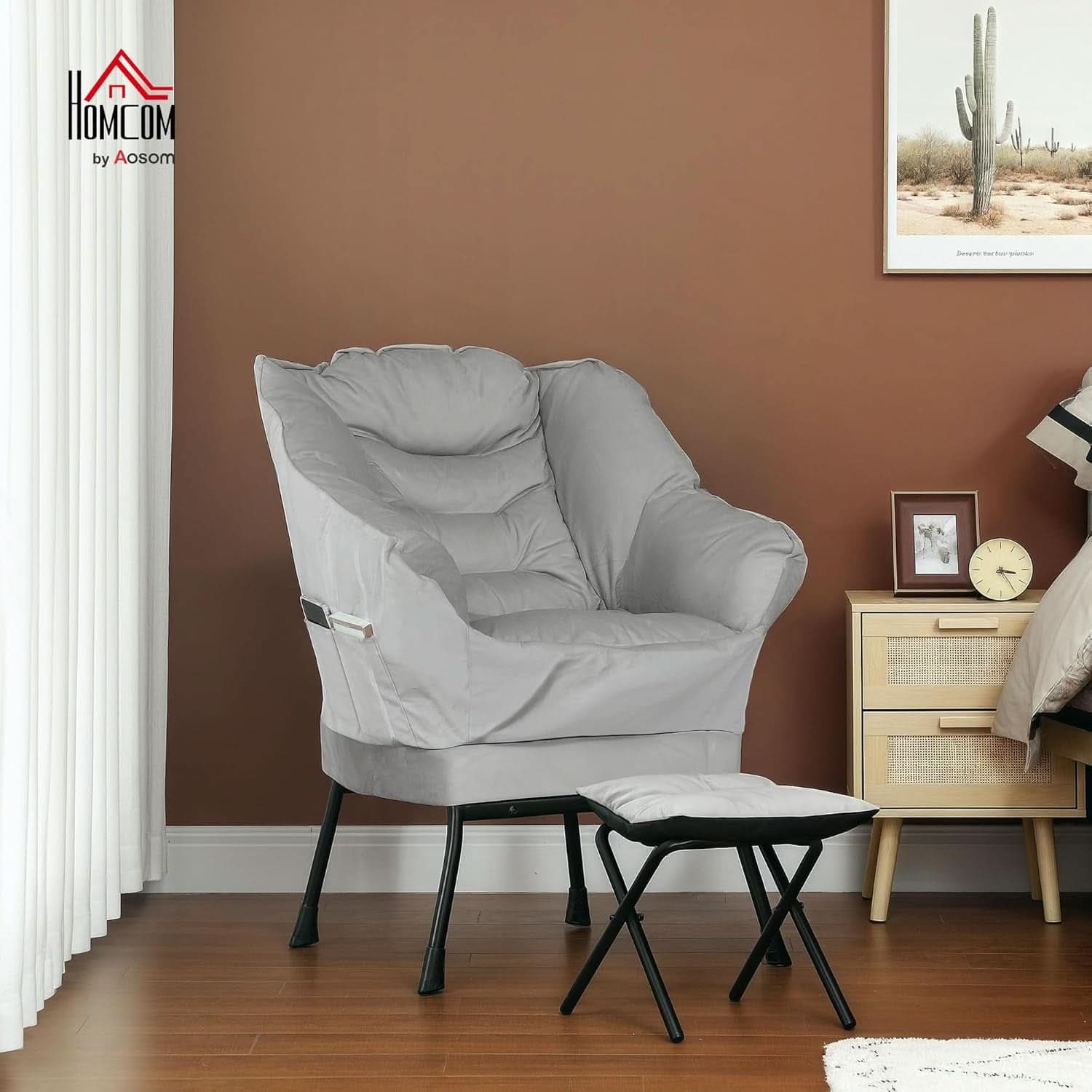 Fabric Lounge Chair With Ottoman Light Gray Overstuffed Padding