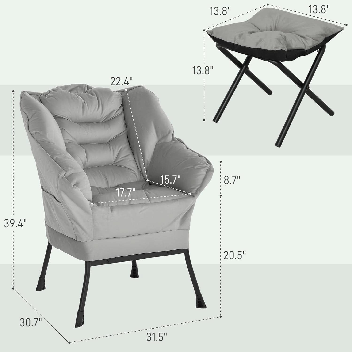 Fabric Lounge Chair With Ottoman Light Gray Overstuffed Padding