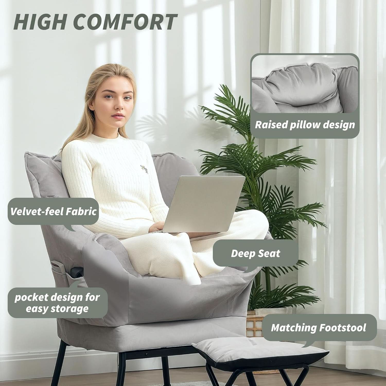 Fabric Lounge Chair With Ottoman Light Gray Overstuffed Padding