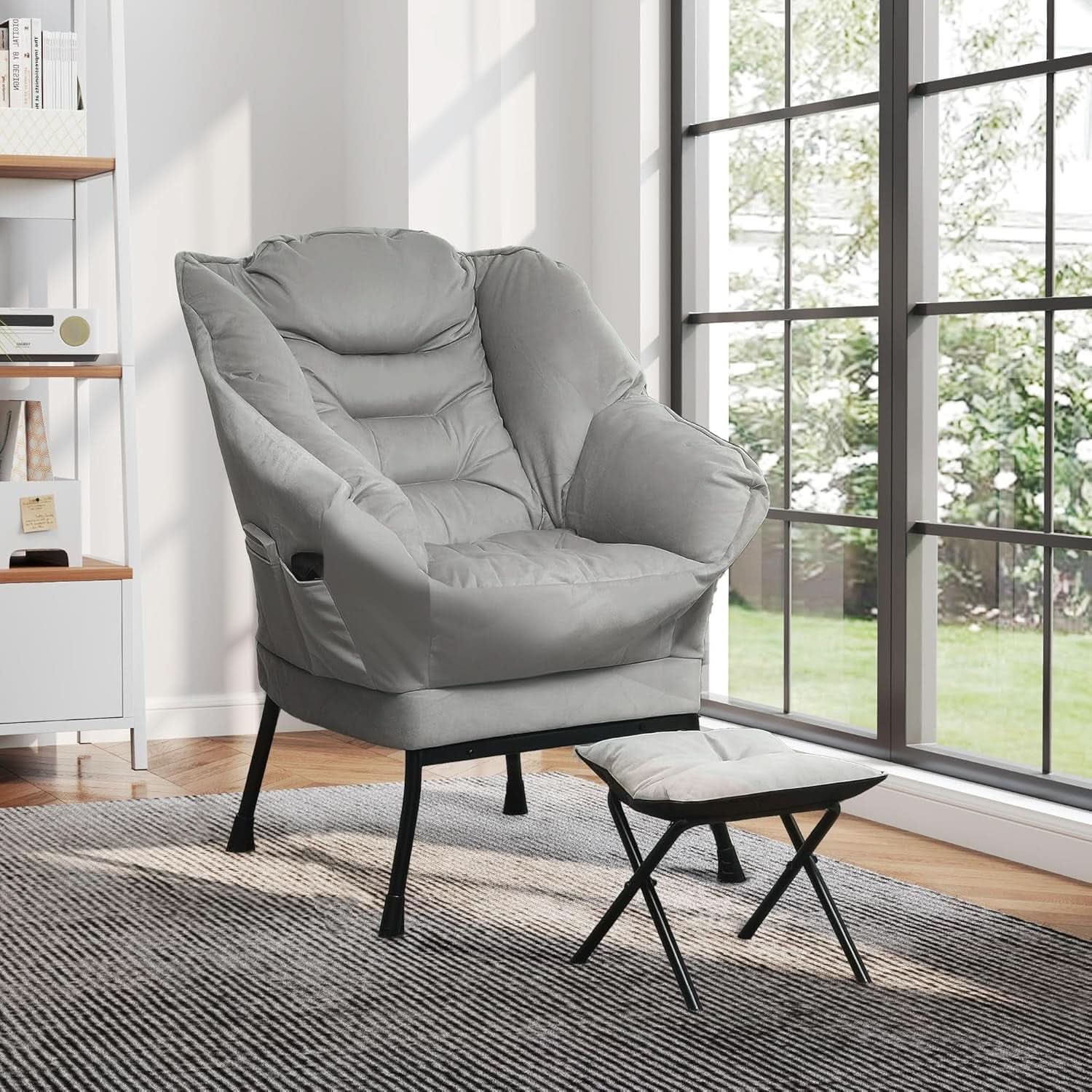 Fabric Lounge Chair With Ottoman Light Gray Overstuffed Padding