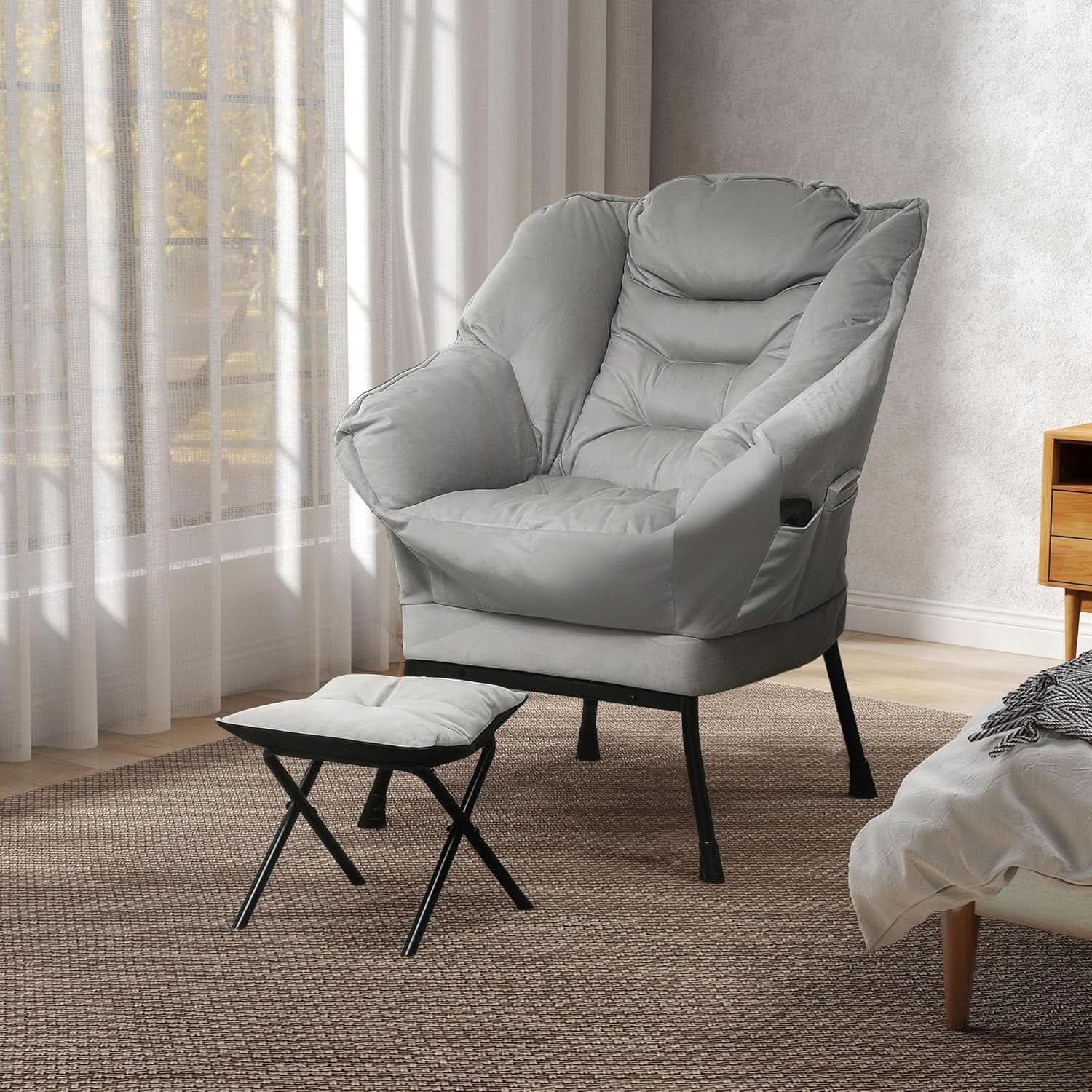 Fabric Lounge Chair With Ottoman Light Gray Overstuffed Padding