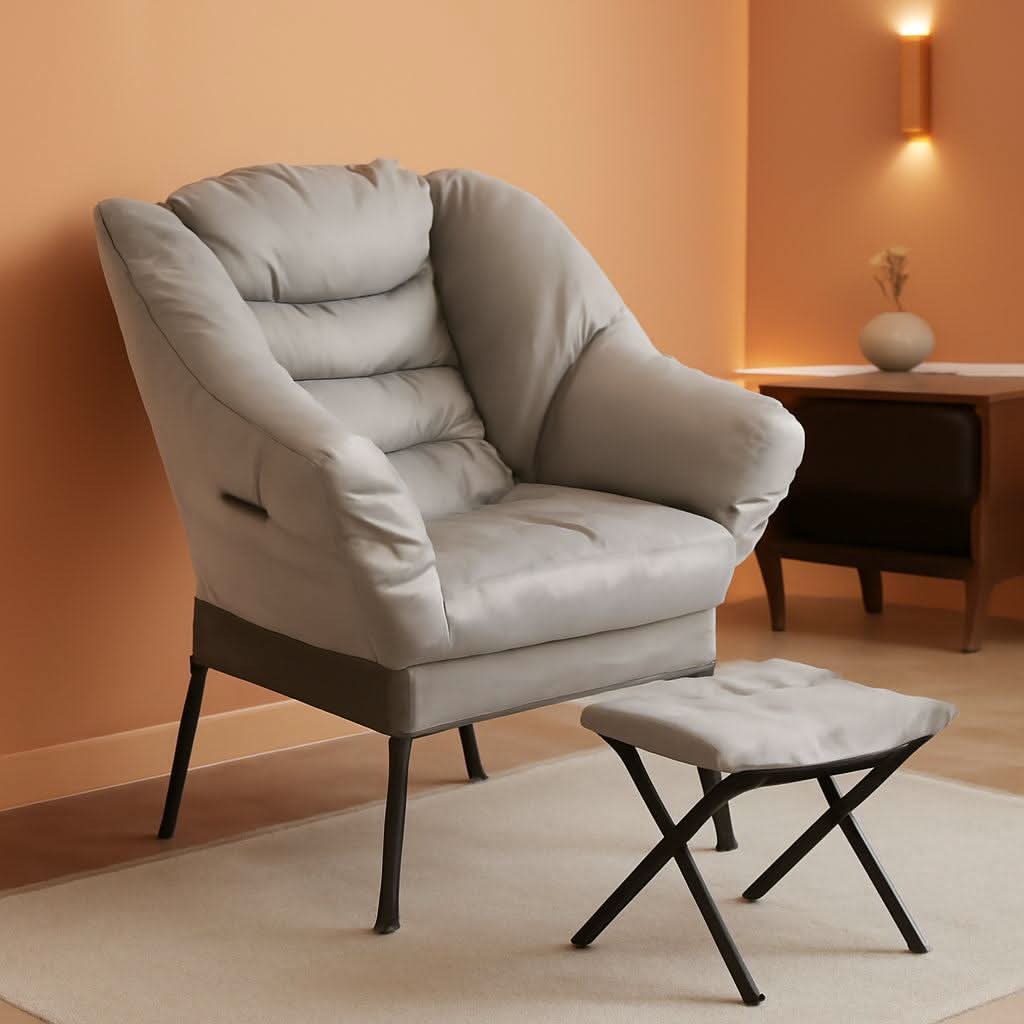 Fabric Lounge Chair With Ottoman Light Gray Overstuffed Padding