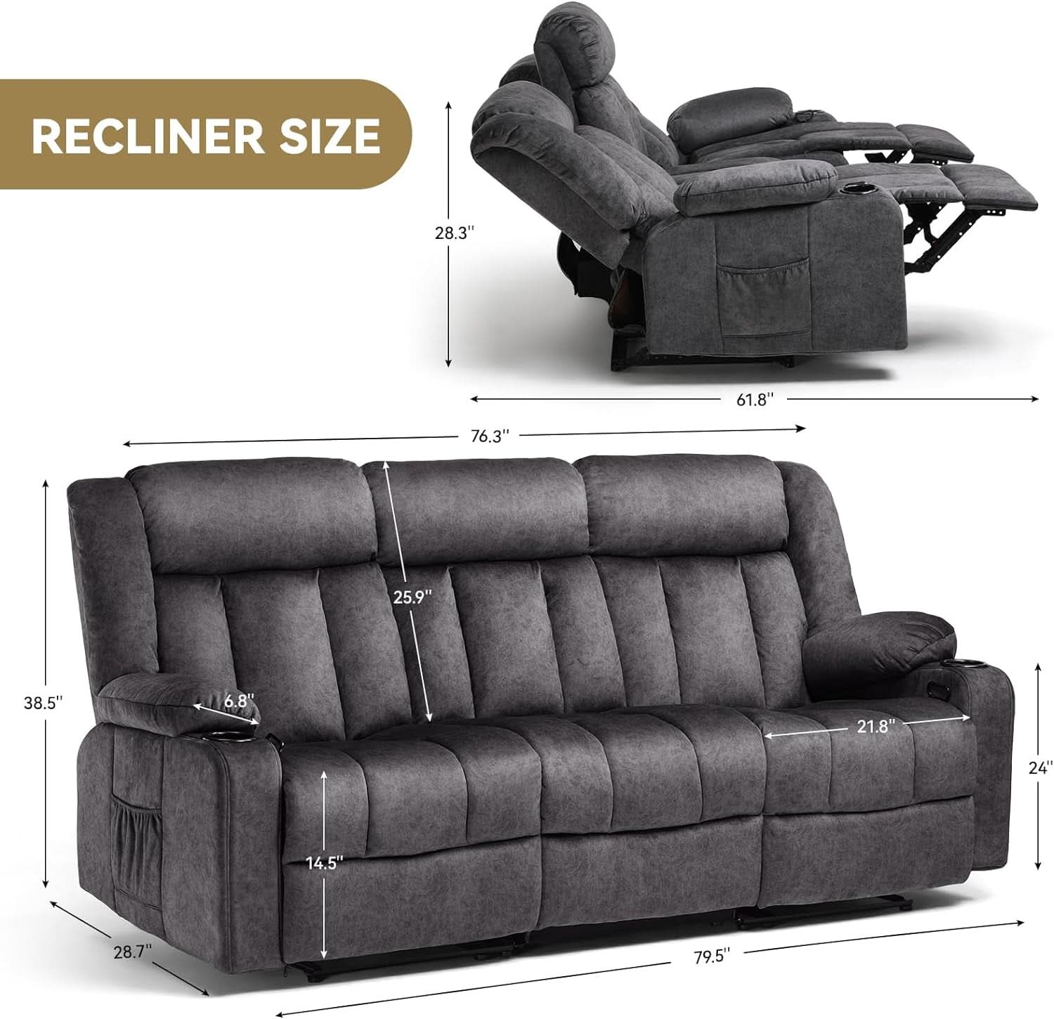 Fabric Manual Recliner Set With Cup Holders And Pockets